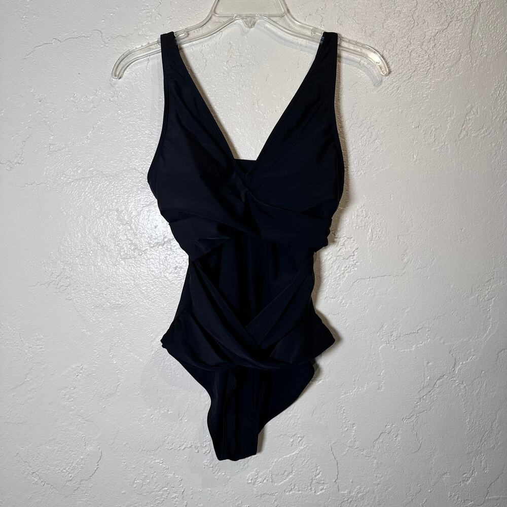 NWOT Black One Piece Swimsuit Size Medium Slimming Criss Cross Front Adjustable
